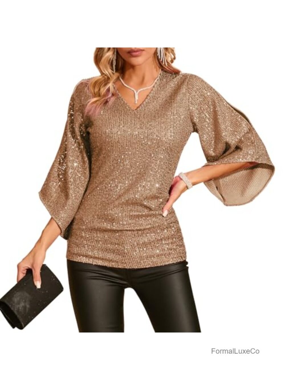 Women's Sequin Top 3/4 Sleeve Sparkly V-Neck Dressy Blouse Party